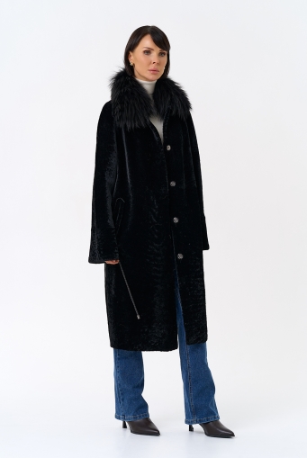 Миниатюра фотографии Женская двухстороняя дубленка с воротником из меха чернобурой лисы