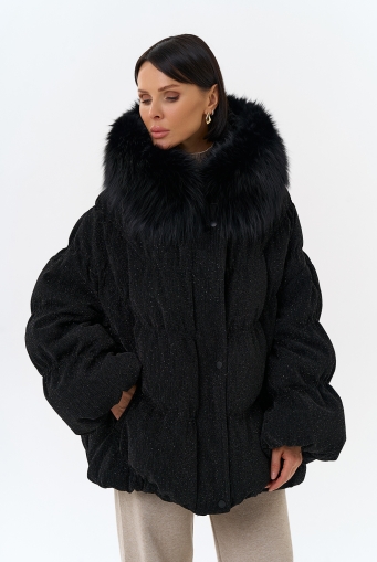Миниатюра фотографии Женский блестящий пуховик с отделкой из меха чернобурки