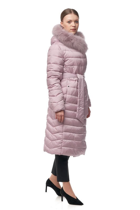 Миниатюра фотографии Пуховик женский из текстиля с капюшоном, отделка песец