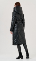 Миниатюра фотографии Черный длинный пуховик из эко кожи