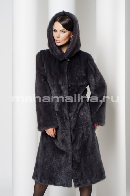 Купить Шуба из норки классическая с капюшоном цвет графит в каталоге