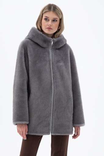 Миниатюра фотографии Женская двухсторонняя дубленка из эко кожи с капюшоном