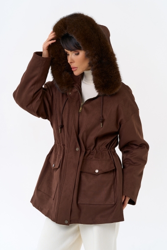 Миниатюра фотографии Женская парка из эко замши с капюшоном из эко меха