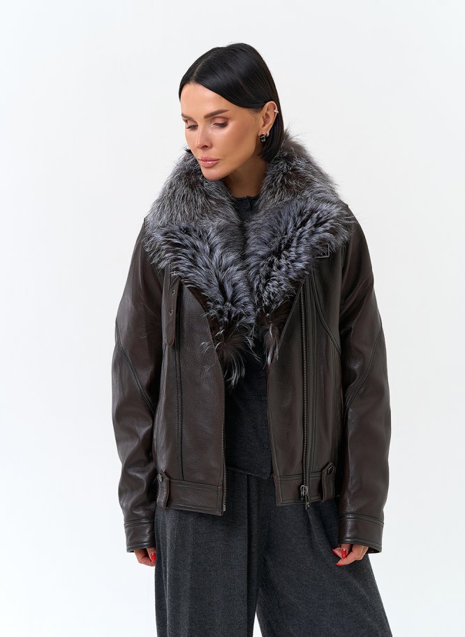 Миниатюра фотографии Женский пуховик из натуральной кожи с чернобуркой
