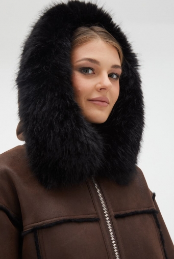 Миниатюра фотографии Женская дубленка из эко кожи с капюшоном