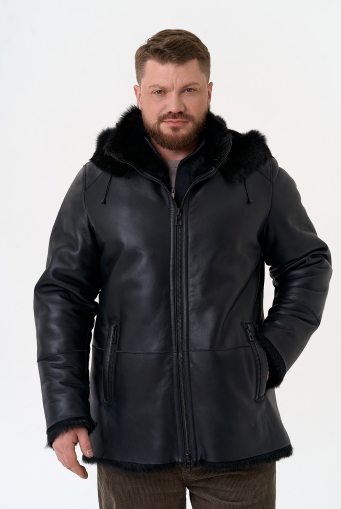 Миниатюра фотографии Мужская дубленка черного цвета с капюшоном