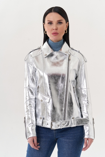Миниатюра фотографии Куртка "косуха" из натуральной кожи под серебро