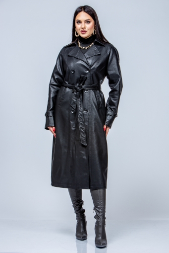 Миниатюра фотографии Женское кожаное пальто из эко-кожи с воротником