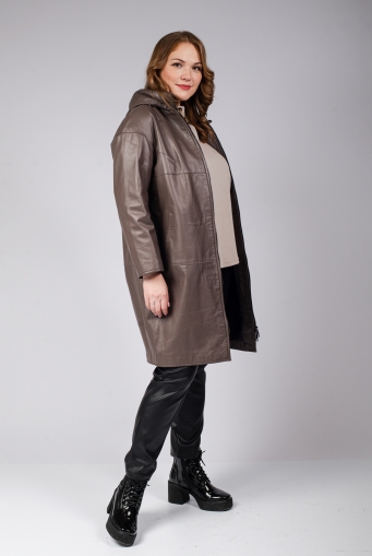 Миниатюра фотографии Женское кожаное пальто из натуральной кожи с капюшоном