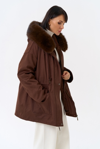 Миниатюра фотографии Женская парка из эко замши с капюшоном из эко меха