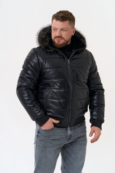 Купить Пуховик из эко кожи черного цвета  в каталоге