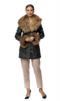 Миниатюра фотографии Женская кожаная куртка из натуральной кожи с воротником, отделка енот