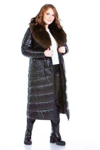 Миниатюра фотографии Женское кожаное пальто из натуральной кожи с воротником, отделка песец