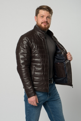 Миниатюра фотографии Мужская  утепленная куртка из натуральной кожи коричневого цвета