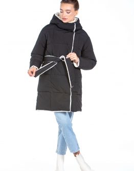Купить Женское пальто из текстиля с капюшоном, отделка искусственный мех в каталоге