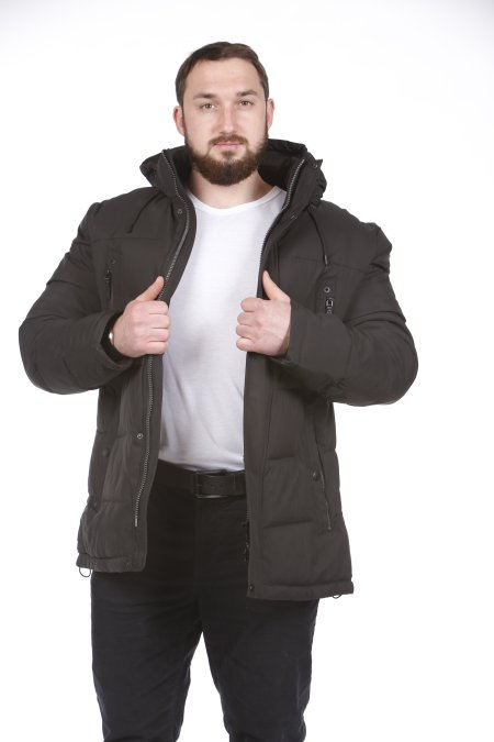 Купить Пуховик мужской из текстиля с капюшоном, отделка искусственный мех в каталоге