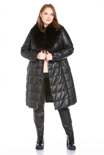 Миниатюра фотографии Женское кожаное пальто из натуральной кожи с воротником, отделка енот