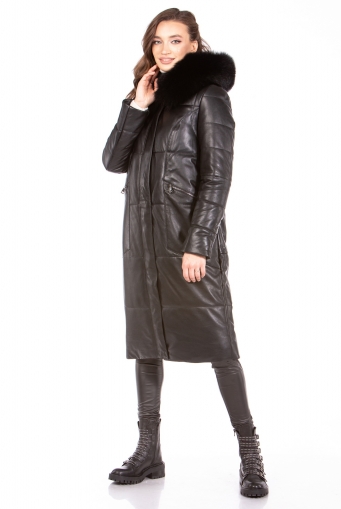 Миниатюра фотографии Женское кожаное пальто из натуральной кожи с капюшоном, отделка песец