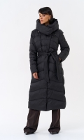 Миниатюра фотографии Женский длинный пуховик черного цвета с капюшоном
