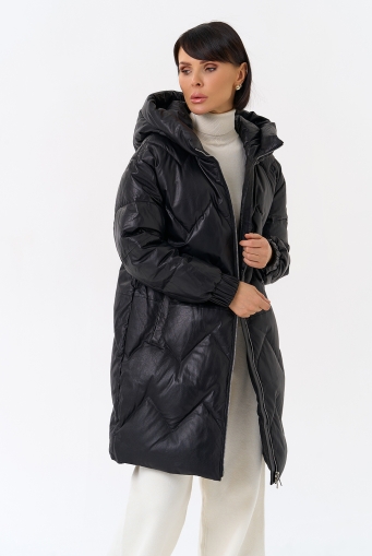 Миниатюра фотографии Длинный пуховик из кожи