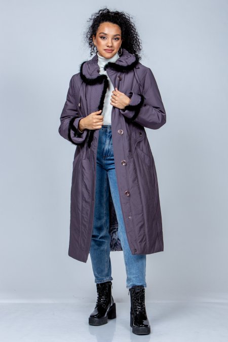 Купить Пуховик женский из текстиля с капюшоном, отделка норка в каталоге
