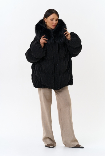 Миниатюра фотографии Женский блестящий пуховик с отделкой из меха чернобурки