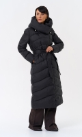 Миниатюра фотографии Женский длинный пуховик черного цвета с капюшоном