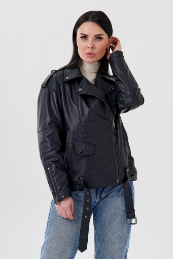 Миниатюра фотографии Женская куртка-косуха из натуральной кожи синего цвета