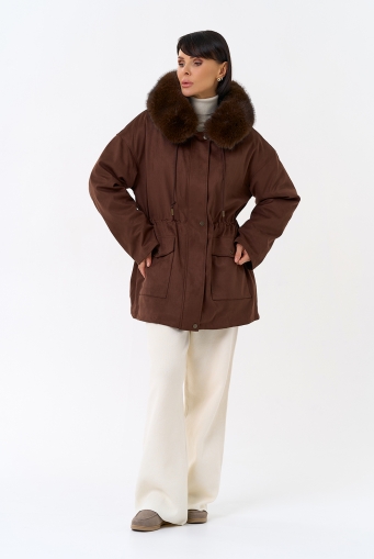 Миниатюра фотографии Женская парка из эко замши с капюшоном из эко меха