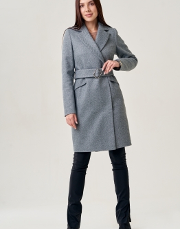Купить Женское пальто серого цвета с поясом в каталоге