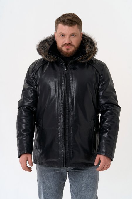 Купить Пуховик из эко кожи с капюшоном из меха енота в каталоге