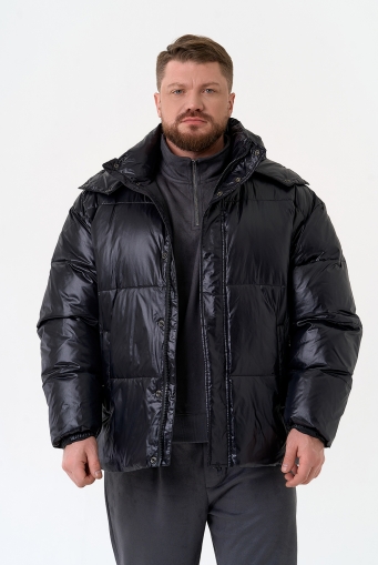 Миниатюра фотографии Мужской пуховик черного цвета с капюшоном