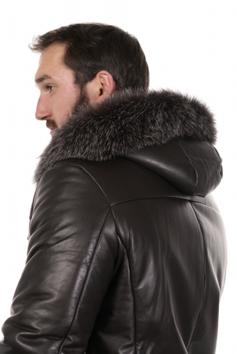 Миниатюра фотографии Мужская кожаная куртка из натуральной кожи с капюшоном, отделка блюфрост