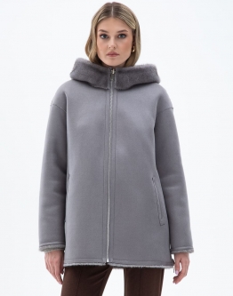 Купить Женская двухсторонняя дубленка из эко кожи с капюшоном в каталоге