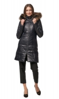 Миниатюра фотографии Женское кожаное пальто из натуральной кожи с капюшоном, отделка енот