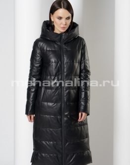 Купить Кожаный пуховик черного цвета на молнии с капюшоном  в каталоге