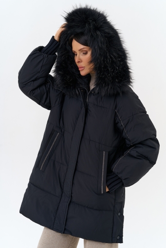 Миниатюра фотографии Женский пуховик с капюшоном из меха енота