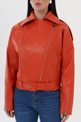Миниатюра фотографии Кожаная куртка "косуха" оранжевого цвета