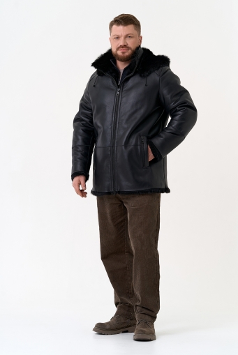 Миниатюра фотографии Мужская дубленка черного цвета с капюшоном