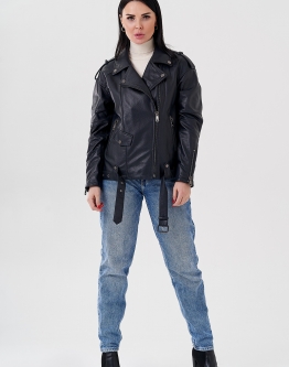 Купить Женская куртка-косуха из натуральной кожи синего цвета в каталоге