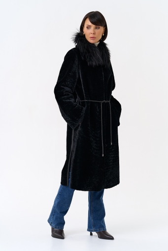 Миниатюра фотографии Женская двухстороняя дубленка с воротником из меха чернобурой лисы