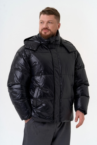 Миниатюра фотографии Мужской пуховик черного цвета с капюшоном