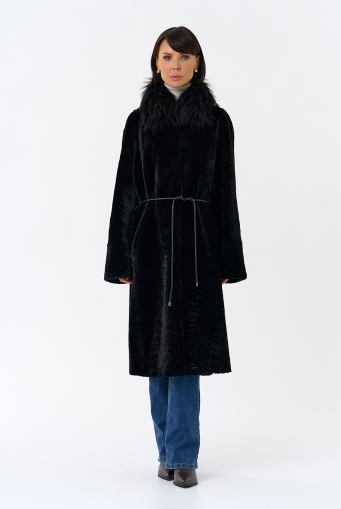 Миниатюра фотографии Женская двухстороняя дубленка с воротником из меха чернобурой лисы