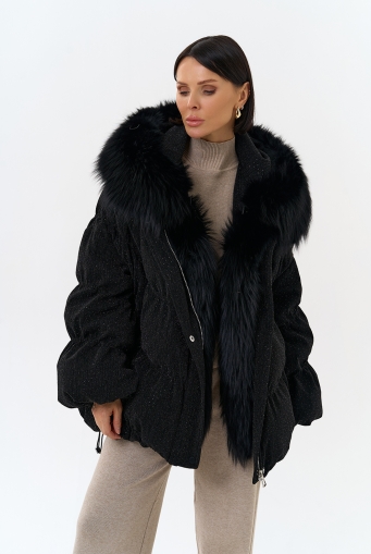 Миниатюра фотографии Женский блестящий пуховик с отделкой из меха чернобурки