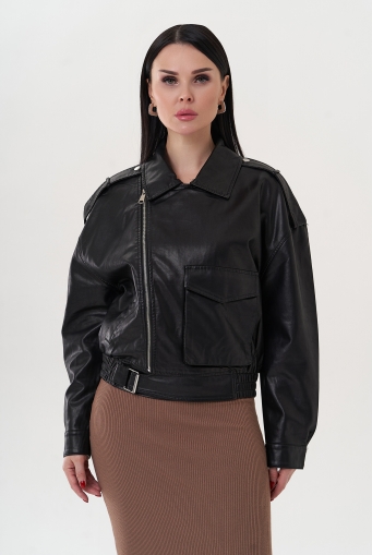Миниатюра фотографии Куртка "бомбер" черного цвета из эко кожи