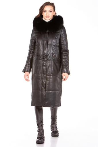 Миниатюра фотографии Женское кожаное пальто из натуральной кожи с капюшоном, отделка песец