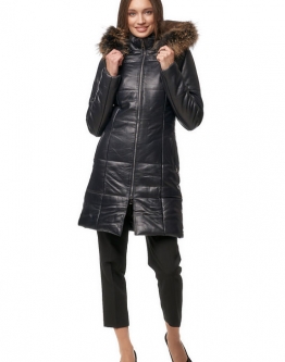 Купить Женское кожаное пальто из натуральной кожи с капюшоном, отделка енот в каталоге
