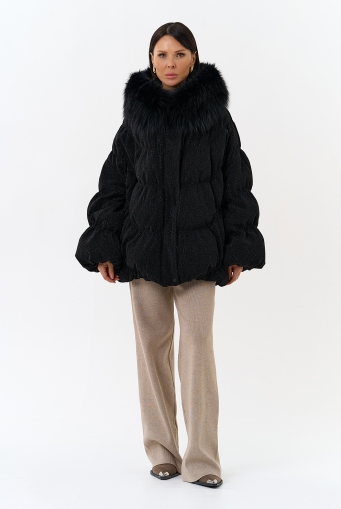 Миниатюра фотографии Женский блестящий пуховик с отделкой из меха чернобурки