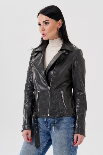 Миниатюра фотографии Женская куртка - косуха из натуральной кожи серого цвета 