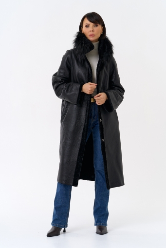 Миниатюра фотографии Женская двухстороняя дубленка с воротником из меха чернобурой лисы
